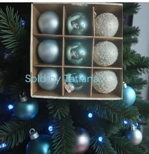 Tinsel and Fir Blue Teal Frosted Glass Heavyweight Christmas Ornaments Set 9