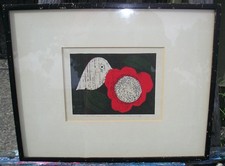 KAORU KAWANO 1916-1965 JAPANESE MCM BLOCK PRINT, BIRD & FLOWER PENCIL SIGNED