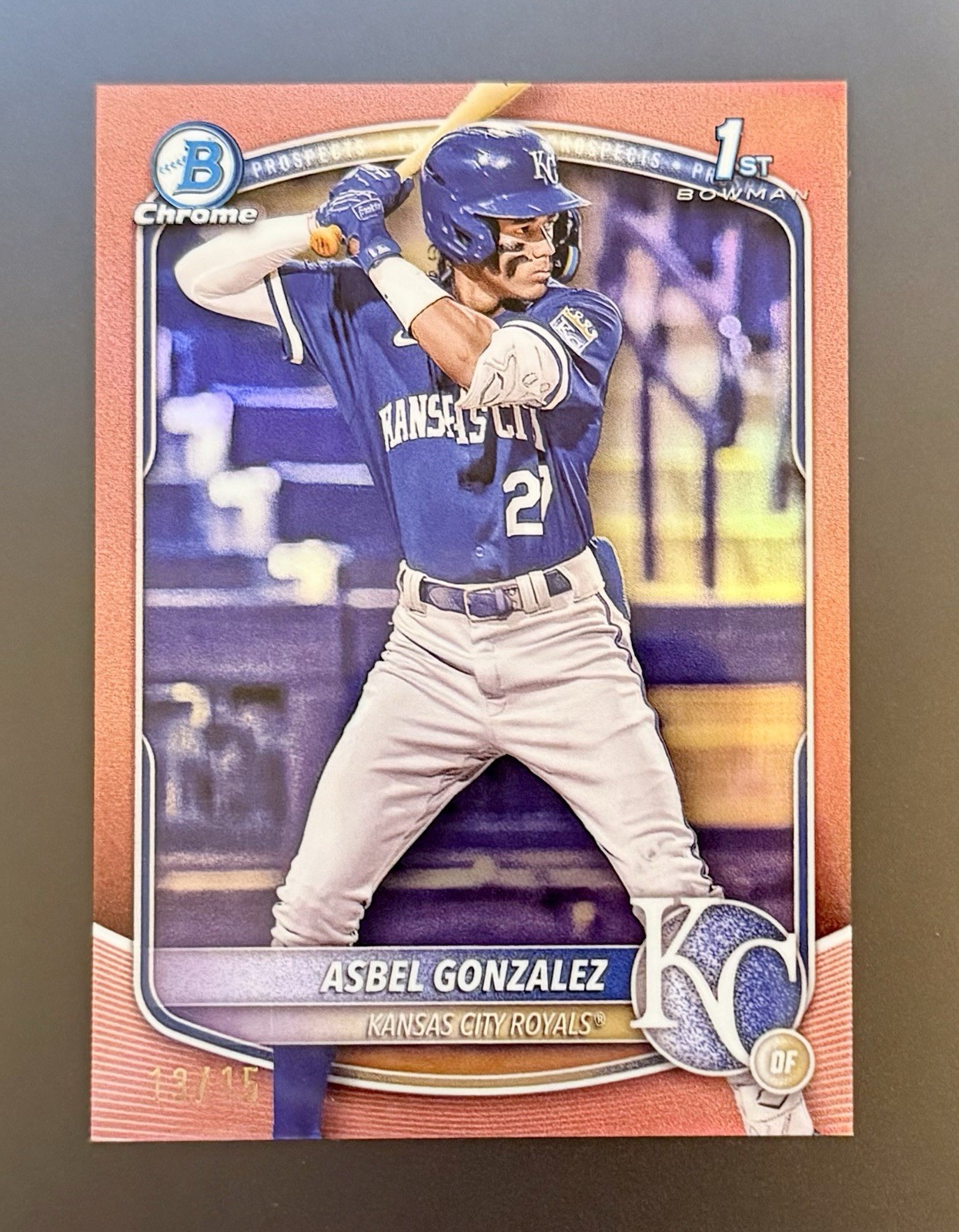 2025 Bowman 1st Chrome Asbel Gonzalez Rose Gold /15 SSP Royals #BCP-4