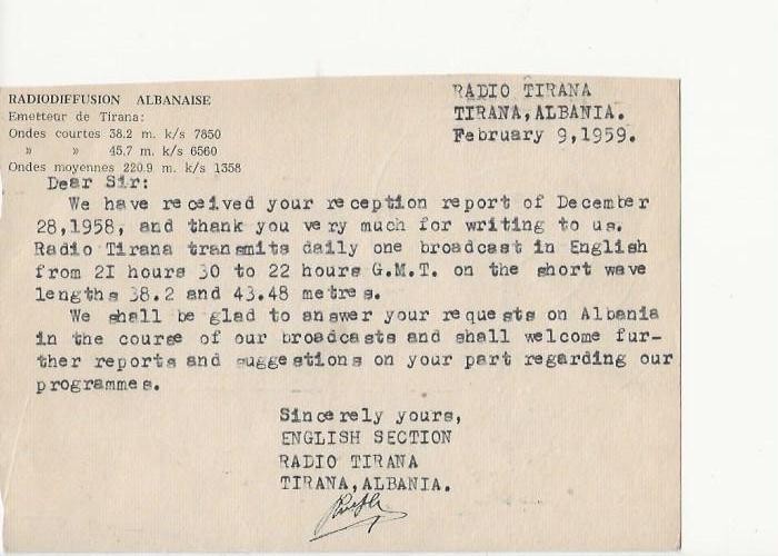 1959  Broadcast radio station  Radio Tirana  Tirana Albania   QSL radio postcard