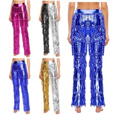 Womens Long Pants Metallic Dancewear Color Blocking Trousers Sequin Tiered 70s
