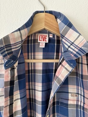 Lacoste L!VE Blue Pink White Plaid Cotton Woven LS Button-Up Point Collar M