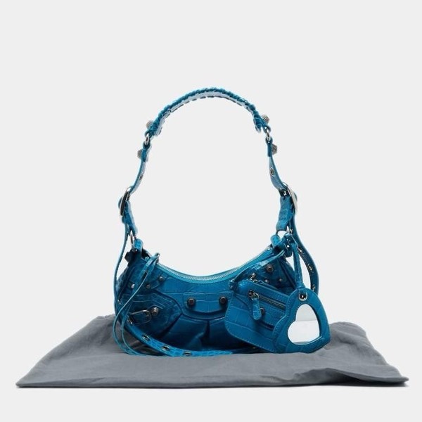 Balenciaga Xs Le Cagole Blue Croc Embossed Leather Shoulder Bag