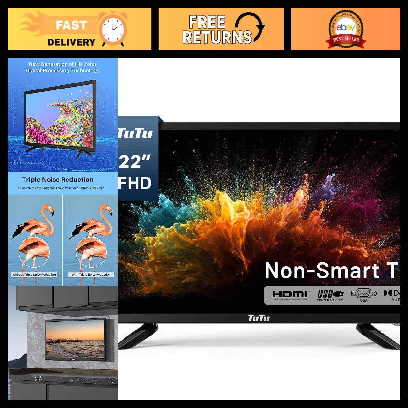 22" FHD LED Flat Screen TV - 2K Non-Smart, Compatible with Apple TV, Fire Stick