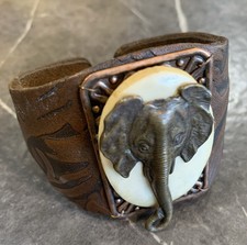 Vintage Handmade Brown Leather W/Brass Elephant On A Copper And Ivory Bracelet