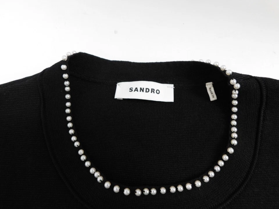 Top corto Sandro sin mangas de imitación perla adornado tejido cuello redondo negro talla 1 Foto 2 de 4