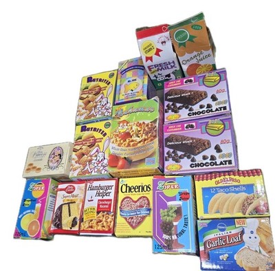 Vintage Cardboard Toy food boxes Cereal Cookies Tacos Juice Desserts Cake Lot 16
