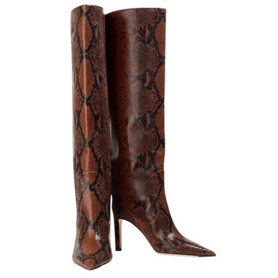 NEW JIMMY CHOO Mavis 85 Brown Snake Printed Leather Knee High Boots, Size 37.5