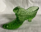 Fenton Green Glass Cat Head Hobnail Heeled Shoe Slipper Colonial vintage