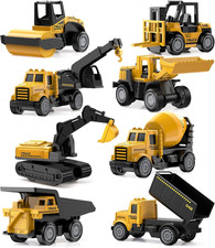 8 Pack Diecast Construction Vehicles Set - Durable Pull Back Trucks