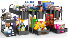 4 Pack Under Sink Organizer and Storage - Stackable 3 Size 2 Tier - Black