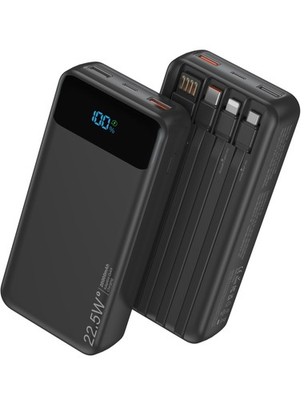 Portable Charger 20000mAh 22.5W Fast Charging 4 Built in Cables Black Led