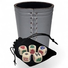16mm Poker Dice Ivory Rounded w/Pouch  Real Leather Compact Dice Cup Grey Black
