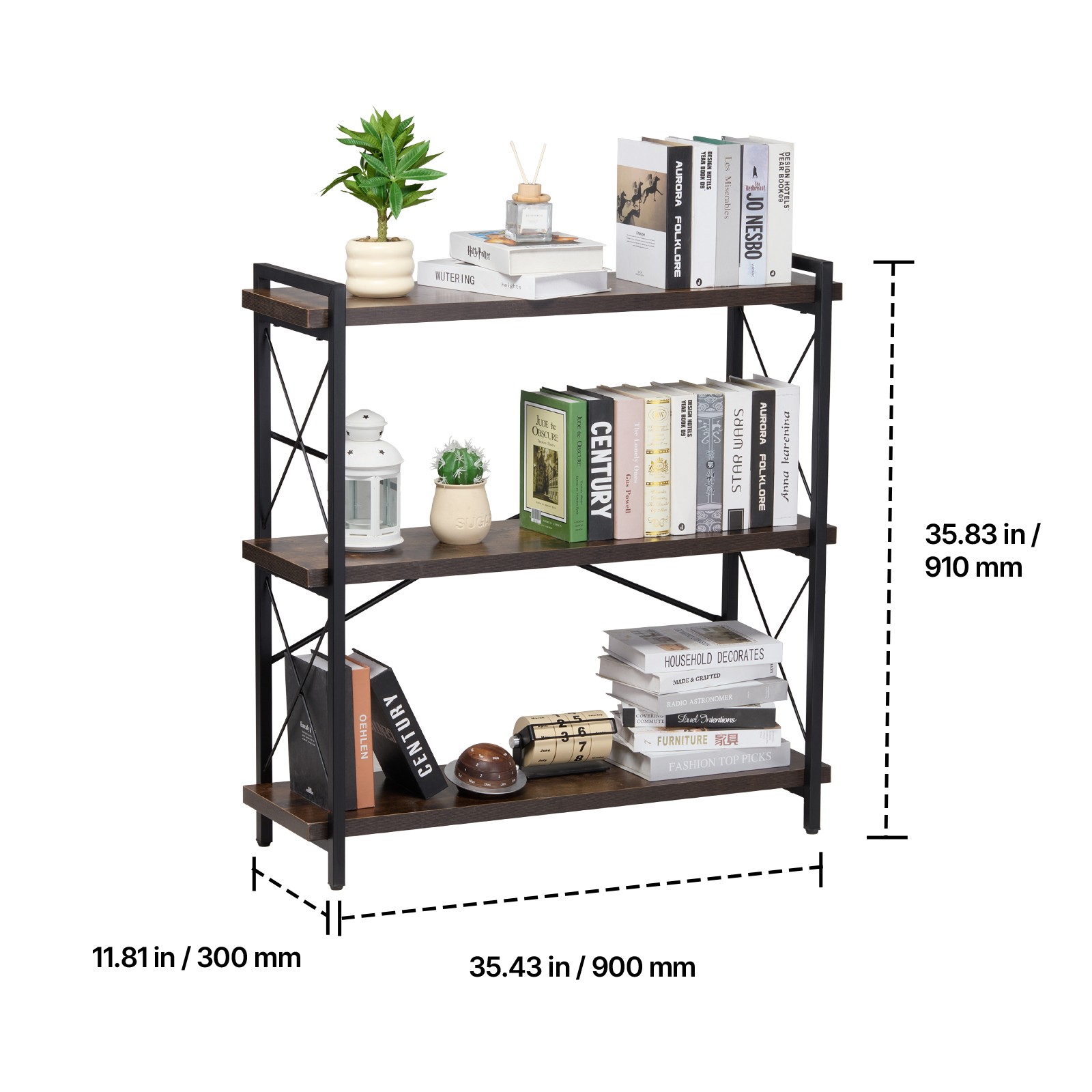 Uimoso Metal Bookshelf Rustic Bookshelf 3-Tier for Living room Bedroom & Office