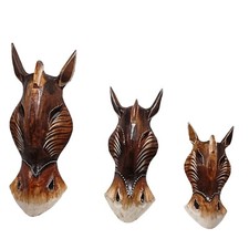 Tiger Horse Wood Masks Statue Mixed 3 Sizes Animal Safari Wall Art Sculpture