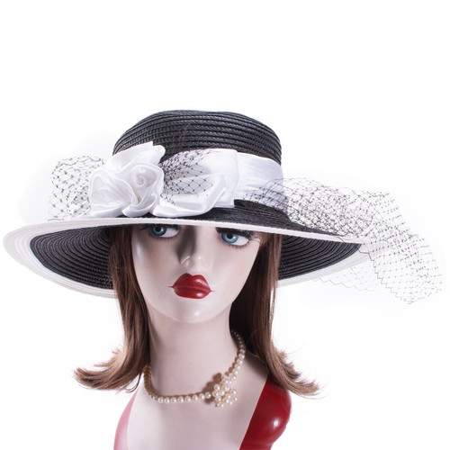Womens Straw Plain Wide Brim Hat Boater 