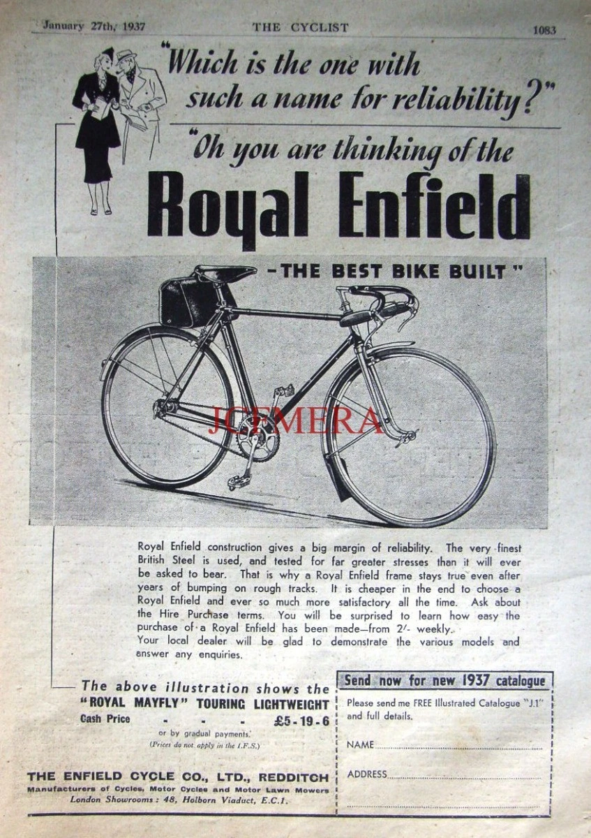 1937 ROYAL ENFIELD Royal Mayfly Touring Bicycle ADVERT 2
