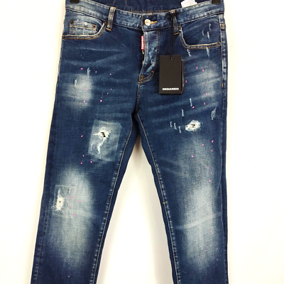 dsquared2 mens jeans mid wash pink paint splatter straight leg 32