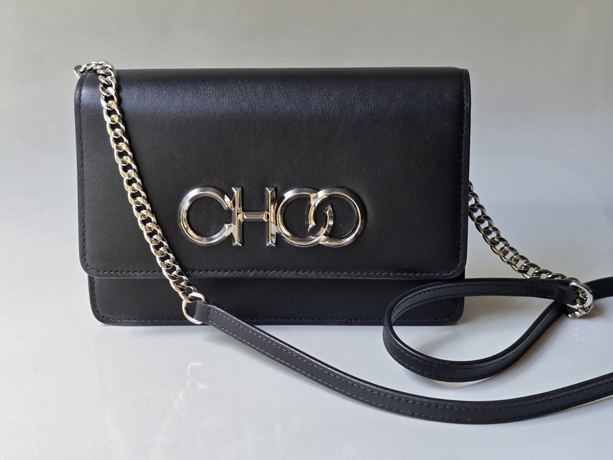 Jimmy Choo Black Leather Crossbody Bag Silver Chain Choo