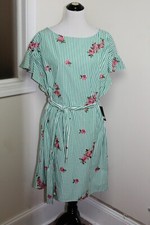 NWT Nine West Green White Striped Paradise Flutter Sleeve Mid Length Dress Sz 16