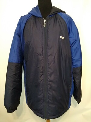 Vtg 90s Fila Mens XL Black Blue Spell Out Logo Hooded Puffer Jacket  Outerwear
