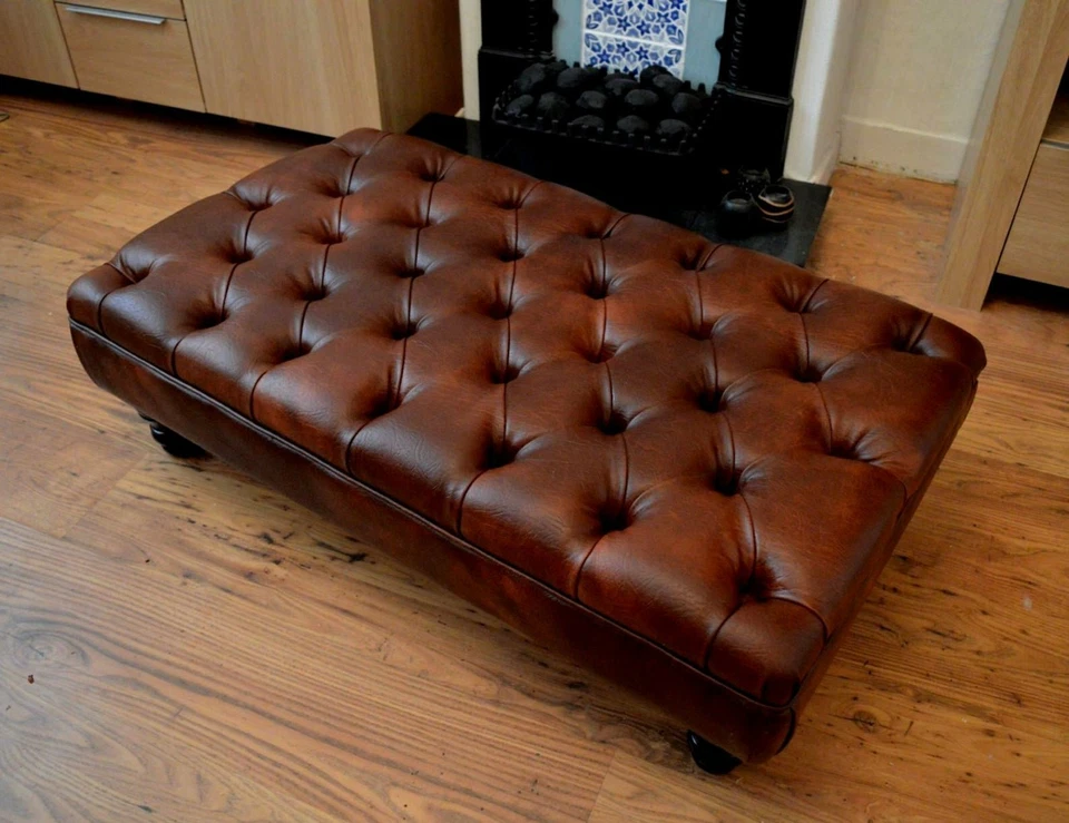  Chesterfield Deep Button Footstool in Chestnut Faux Leather With Mahogany Legs - Image 4 of 4