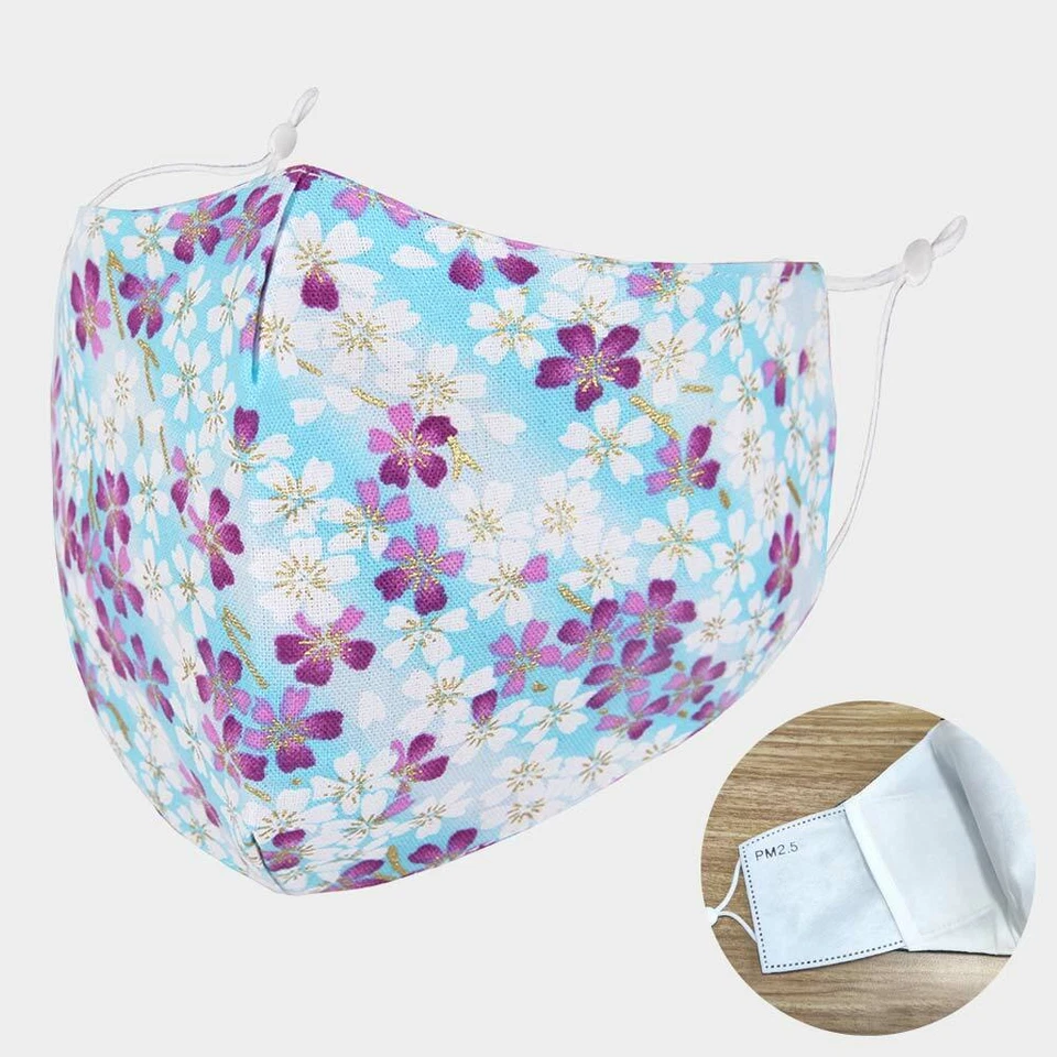 Blue Purple White Cherry Blossoms w/ Gold Outline Washable Reusable Mouth Mask - Image 2 of 2