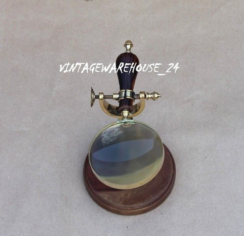 Vintage Desktop Table Magnifying Glass Wooden Stand Brass Magnifier Decor - Picture 7 of 9