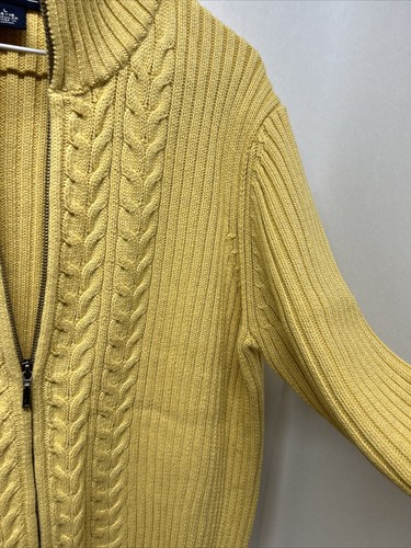 Vtg LANDS END Cardigan Sweater Womens L 14-16 Yellow Cable Knit Cotton Full Zip - Picture 5 of 11
