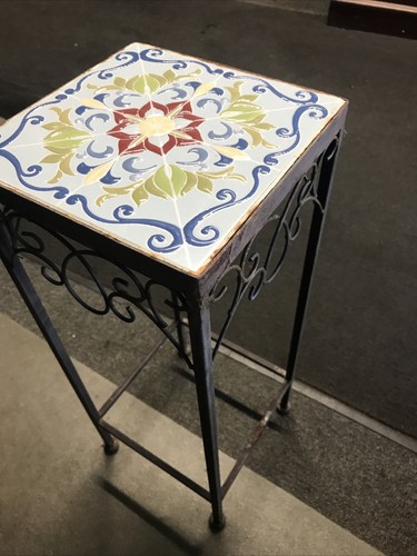 Mother of Pearl Mosaic Black Iron Outdoor Accent Table - Picture 2 of 10