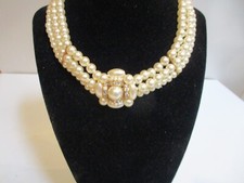 3 Strand Faux Pearl  Rhinestone CZ Pendant Choker Necklace 15" Tone Bridal