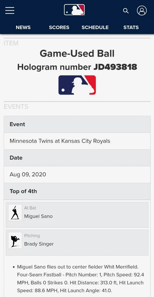 BRADY SINGER 1st career win GAME USED pitched baseball 8/9/20 MLB Authenticated - Image 3 of 4