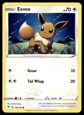 Eevee 130/185 Pokemon Card Vivid Voltage Comon 70 HP Near Mint ML
