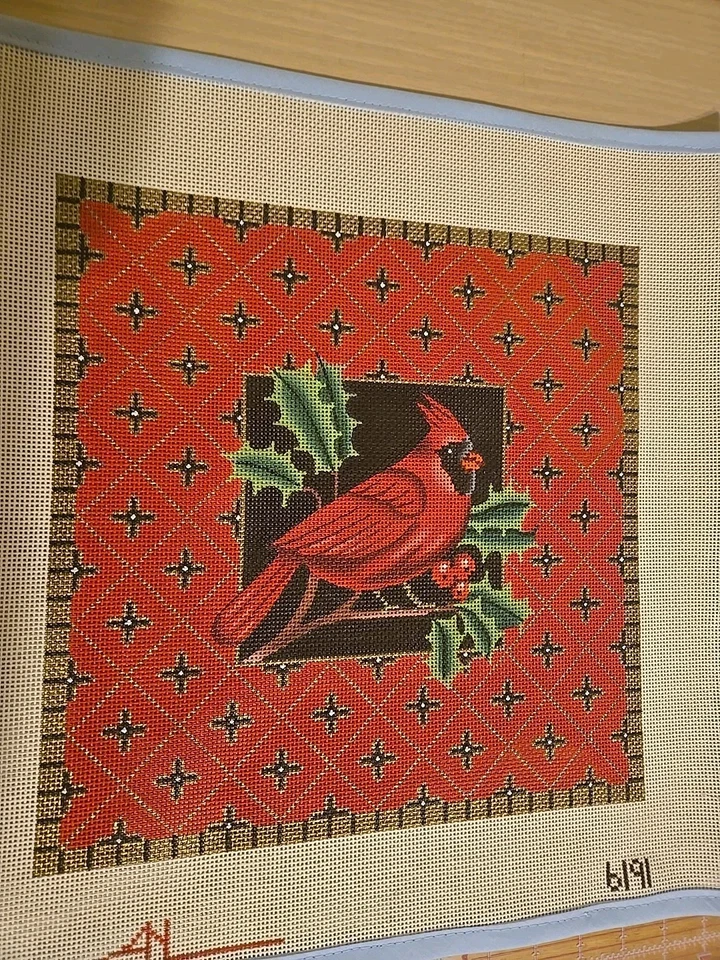 Punta de aguja pintada a mano Amanda Lawford Navidad Cardenal 12x12 Foto 3 de 4