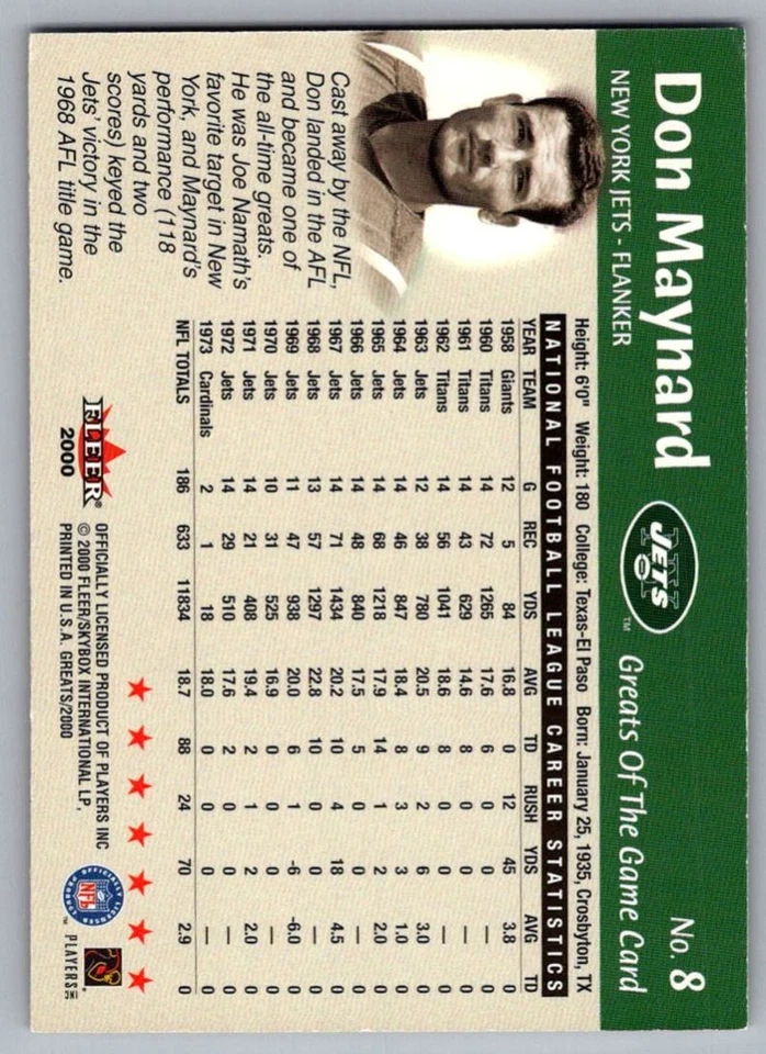 2000 Fleer Greats of the Game Don Maynard New York Jets #8 - Image 2 of 2