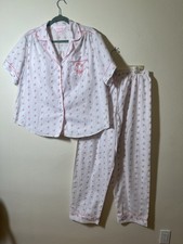 Vtg Carriage Court 2 Pc Pink Roses Pajama Set Women s Shirt Pants Cottage, Large