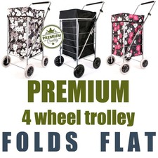 Premium 4 Wheel Swivel Shopping Trolley with Adjustable Handle Folding Flat Cage