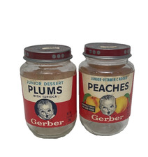 Vintage Gerber Baby Food Jar 1980s Junior PLUMS With TAPIOCA And PEACHES