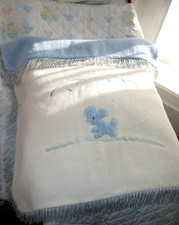 Pram Rug Vintage Fringed Baby Blanket Blue Puppy White Teddy Bear SWANDO Cover