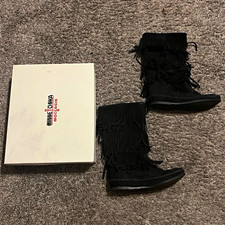 Minnetonka 1639 Women's Black Suede Fringe Mid-Calf Pull-On Boots US 8