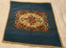 Vintage 17.5 X 17.5 Flowers On Blue Finished Needlepoint Canvas 1950 s