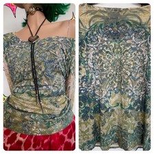 Green Y2K Tattoo Print Rhinestone Shirt Indie Sleaze Fairy Grunge McBling - L
