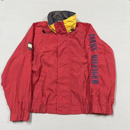 Vintage Tommy Hilfiger Jacket Mens Large Red Hooded Spell Out Windbreaker 90s by Tommy Hilfiger, Size L, $49.99