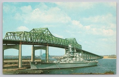 USS Massachusetts Battleship & Braga Bridge Fall River MA Photochrome
