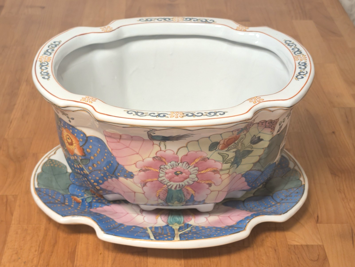 Large Porcelain Chinese Foot Bath Planter Tobacco Leaf Floral With Base