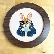 Needlepoint Bunny Rabbit Art Framed Embroidery Round Wall Decor Nursery Hipster