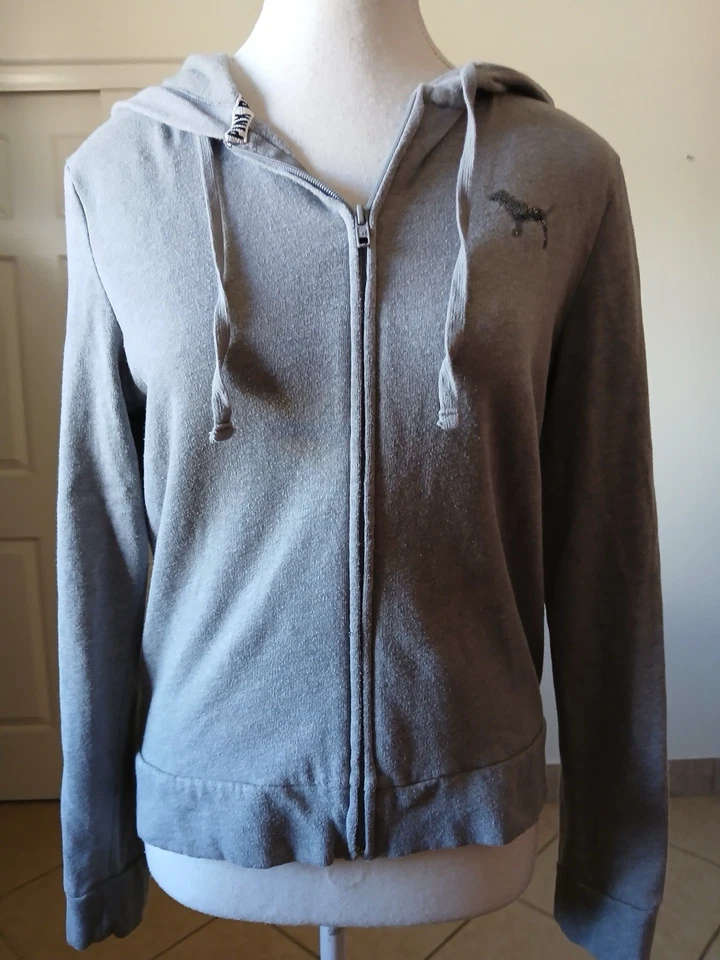 Victoria’s Secret PINK Gray Sequin Bling Full Zip Hoodie Women’s Size Small - Image 2 of 4