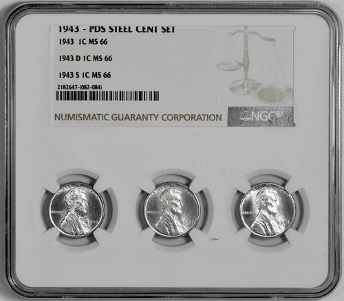 1943 P D S 1c Lincoln Steel Wheat Cent Set NGC Graded MS 66 Three Coin Holder