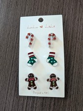 Christmas Holiday Stud Earring Set Candy Cane Gingerbread Stocking Rhinestone