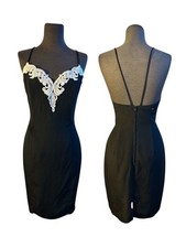 Vintage 90's Y2K Roberta Black Mini Dress Prom Cocktail 9/10 Embroidered Detail